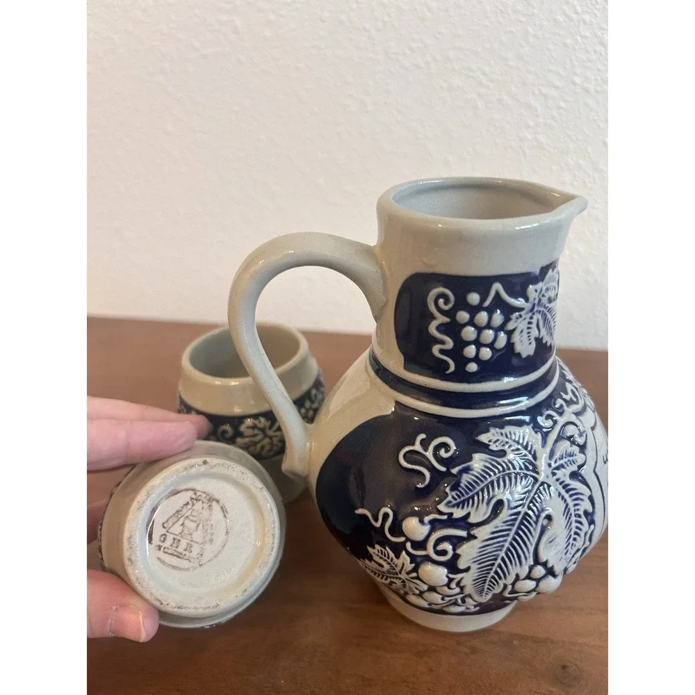Vintage Gerzit‎ Gerz Pottery Set Wine Pitcher and 2 Cups Germany
